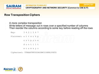 Row Transposition Ciphers
●
●
● A more complex transposition
Write letters of message out in rows over a specified number of columns
Then reorder the columns according to some key before reading off the rows
Key: 3 4 2 1 5 6 7
Plaintext: a t t a c k p
o s t p o n e
d u n t i l t
w o a m x y z
Ciphertext: TTNAAPTMTSUOAODWCOIXKNLYPETZ
20ITPC701
CRYPTOGRAPHY AND NETWORK SECURITY (Common to CSE & IT)
 