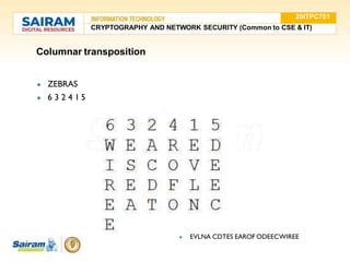 Columnar transposition
● ZEBRAS
● 6 3 2 4 1 5
● EVLNA CDTES EAROF ODEECWIREE
20ITPC701
CRYPTOGRAPHY AND NETWORK SECURITY (Common to CSE & IT)
 
