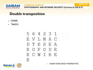 Double transposition
● STRIPE
● "564231
● CAEEN SOIAE DRLEF WEDREEVTOC
20ITPC701
CRYPTOGRAPHY AND NETWORK SECURITY (Common to CSE & IT)
 