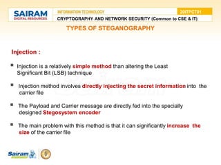 TYPES OF STEGANOGRAPHY
Injection :
 Injection is a relatively simple method than altering the Least
Significant Bit (LSB) technique
 Injection method involves directly injecting the secret information into the
carrier file
 The Payload and Carrier message are directly fed into the specially
designed Stegosystem encoder
 The main problem with this method is that it can significantly increase the
size of the carrier file
CRYPTOGRAPHY AND NETWORK SECURITY (Common to CSE & IT)
20ITPC701
 