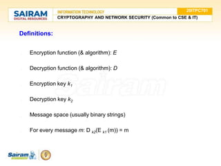 Definitions:
● Encryption function (& algorithm): E
● Decryption function (& algorithm): D
● Encryption key k1
● Decryption key k2
● Message space (usually binary strings)
● For every message m: D k2(E k1 (m)) = m
20ITPC701
CRYPTOGRAPHY AND NETWORK SECURITY (Common to CSE & IT)
 