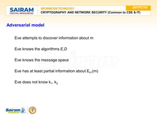 Adversarial model
● Eve attempts to discover information about m
● Eve knows the algorithms E,D
● Eve knows the message space
● Eve has at least partial information about Ek1(m)
● Eve does not know k1, k2
20ITPC701
CRYPTOGRAPHY AND NETWORK SECURITY (Common to CSE & IT)
 