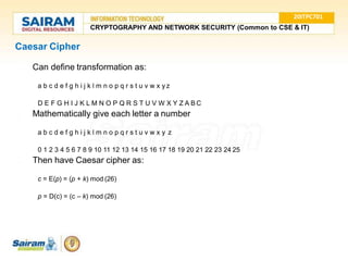 Caesar Cipher
● Can define transformation as:
a b c d e f g h i j k l m n o p q r s t u v w x y z
D E F G H I J K L M N O P Q R S T U V W X Y Z A BC
● Mathematically give each letter a number
a b c d e f g h i j k l m n o p q r s t u v w x y z
0 1 2 3 4 5 6 7 8 9 10 11 12 13 14 15 16 17 18 19 20 21 22 23 24 25
● Then have Caesar cipher as:
c = E(p) = (p + k) mod (26)
p = D(c) = (c – k) mod (26)
20ITPC701
CRYPTOGRAPHY AND NETWORK SECURITY (Common to CSE & IT)
 