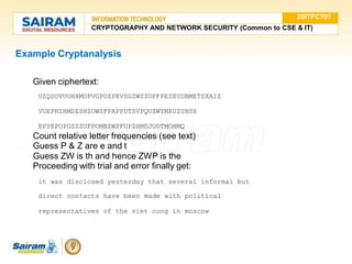 Example Cryptanalysis
●
●
●
● Given ciphertext:
UZQSOVUOHXMOPVGPOZPEVSGZWSZOPFPESXUDBMETSXAIZ
VUEPHZHMDZSHZOWSFPAPPDTSVPQUZWYMXUZUHSX
EPYEPOPDZSZUFPOMBZWPFUPZHMDJUDTMOHMQ
● Count relative letter frequencies (see text)
Guess P & Z are e and t
Guess ZW is th and hence ZWP is the
Proceeding with trial and error finally get:
it was disclosed yesterday that several informal but
direct contacts have been made with political
representatives of the viet cong in moscow
20ITPC701
CRYPTOGRAPHY AND NETWORK SECURITY (Common to CSE & IT)
 