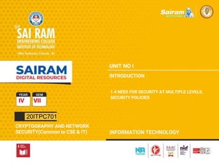 IV VII
20ITPC701
CRYPTOGRAPHY AND NETWORK
SECURITY(Common to CSE & IT)
UNIT NO I
INTRODUCTION
1.4 NEED FOR SECURITY AT MULTIPLE LEVELS,
SECURITY POLICIES
 
