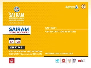 SUBJECT CODE
TYPE THE SUBJECT NAME HERE
IV VII
20ITPC701
CRYPTOGRAPHY AND NETWORK
SECURITY (Common to CSE & IT)
UNIT NO 1
OSI SECURITY ARCHITECTURE
 