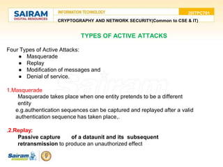 20ITPC701
CRYPTOGRAPHY AND NETWORK SECURITY(Common to CSE & IT)
TYPES OF ACTIVE ATTACKS
Four Types of Active Attacks:
● Masquerade
● Replay
● Modification of messages and
● Denial of service.
1.Masquerade
• Masquerade takes place when one entity pretends to be a different
entity
e.g.authentication sequences can be captured and replayed after a valid
authentication sequence has taken place,.
.2.Replay:
Passive capture of a dataunit and its subsequent
retransmission to produce an unauthorized effect
 