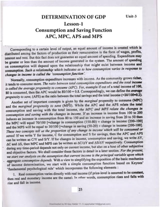 Lesson-1
Consumption and Saving Function
APC, MPC, APS and MPS
Unit-3
DETERMINATION OF GDP
25
Downloaded by 08 Ajay Halder 11- C (ajayhalder149@gmail.com)
lOMoARcPSD|24060133
 