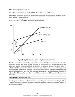 8
When there are proportionate taxes
Y = AD, Y = C + I + G, Y = Ĉ + cYd + Ȋ + Ḡ, Y = Ĉ + c(Y – tY + TR) + Ȋ + Ḡ
Where TR is assumed to be constant in addition to Investment and government purchases and tax
rate is fixed as a proportion of Y.
Y = Ᾱ + c (1-t)Y, Y = Ᾱ /1-c(1-t) (Equilibrium Condition)
Figure 5: Equilibrium in 3 sector using Proportionate Taxes
Both the cases above consider Yd as compared to Y used in two sector economy. Yd is the
disposable income that is the income available in the income after deduction of taxes and
addition of transfer payments. In fixed tax the slope of aggregate demand function is given by
MPC (c) which is same as that of two sector economy as impact of taxes and transfer payments
is considered in autonomous spending. On the other hand slope of aggregate demand function
with proportionate taxes is c (1-t). Thus aggregate demand curve becomes flatter as slope of AD
reduces. The difference between the two equilibrium outputs would be shown under automatic
stabilizers.
3.4 CONCEPT OF MULTIPLIER
The change in equilibrium level of output because of change in autonomous spending by 1 Re is
known as multiplier. As shown above the equilibrium output in a two sector economy is given by
the following equation:
46
Downloaded by 08 Ajay Halder 11- C (ajayhalder149@gmail.com)
lOMoARcPSD|24060133
 