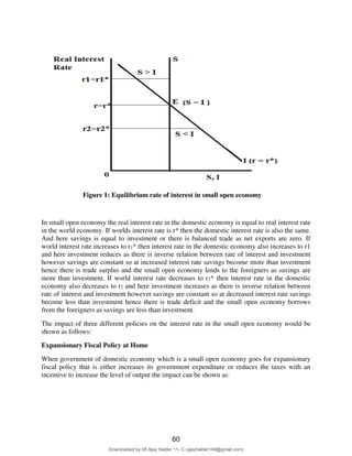 68
Figure 1: Equilibrium rate of interest in small open economy
In small open economy the real interest rate in the domestic economy is equal to real interest rate
in the world economy. If worlds interest rate is r* then the domestic interest rate is also the same.
And here savings is equal to investment or there is balanced trade as net exports are zero. If
world interest rate increases to r1* then interest rate in the domestic economy also increases to r1
and here investment reduces as there is inverse relation between rate of interest and investment
however savings are constant so at increased interest rate savings become more than investment
hence there is trade surplus and the small open economy lends to the foreigners as savings are
more than investment. If world interest rate decreases to r2* then interest rate in the domestic
economy also decreases to r2 and here investment increases as there is inverse relation between
rate of interest and investment however savings are constant so at decreased interest rate savings
become less than investment hence there is trade deficit and the small open economy borrows
from the foreigners as savings are less than investment.
The impact of three different policies on the interest rate in the small open economy would be
shown as follows:
Expansionary Fiscal Policy at Home
When government of domestic economy which is a small open economy goes for expansionary
fiscal policy that is either increases its government expenditure or reduces the taxes with an
incentive to increase the level of output the impact can be shown as:
60
Downloaded by 08 Ajay Halder 11- C (ajayhalder149@gmail.com)
lOMoARcPSD|24060133
 
