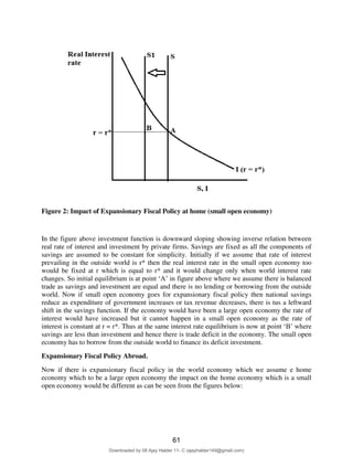 69
Figure 2: Impact of Expansionary Fiscal Policy at home (small open economy)
In the figure above investment function is downward sloping showing inverse relation between
real rate of interest and investment by private firms. Savings are fixed as all the components of
savings are assumed to be constant for simplicity. Initially if we assume that rate of interest
prevailing in the outside world is r* then the real interest rate in the small open economy too
would be fixed at r which is equal to r* and it would change only when world interest rate
changes. So initial equilibrium is at point ‘A’ in figure above where we assume there is balanced
trade as savings and investment are equal and there is no lending or borrowing from the outside
world. Now if small open economy goes for expansionary fiscal policy then national savings
reduce as expenditure of government increases or tax revenue decreases, there is tus a leftward
shift in the savings function. If the economy would have been a large open economy the rate of
interest would have increased but it cannot happen in a small open economy as the rate of
interest is constant at r = r*. Thus at the same interest rate equilibrium is now at point ‘B’ where
savings are less than investment and hence there is trade deficit in the economy. The small open
economy has to borrow from the outside world to finance its deficit investment.
Expansionary Fiscal Policy Abroad.
Now if there is expansionary fiscal policy in the world economy which we assume e home
economy which to be a large open economy the impact on the home economy which is a small
open economy would be different as can be seen from the figures below:
61
Downloaded by 08 Ajay Halder 11- C (ajayhalder149@gmail.com)
lOMoARcPSD|24060133
 