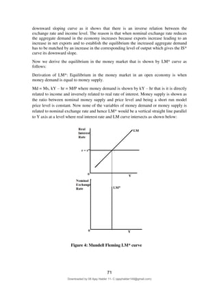 downward sloping curve as it shows that there is an inverse relation between the
exchange rate and income level. The reason is that when nominal exchange rate reduces
the aggregate demand in the economy increases because exports increase leading to an
increase in net exports and to establish the equilibrium the increased aggregate demand
has to be matched by an increase in the corresponding level of output which gives the IS*
curve its downward slope.
Now we derive the equilibrium in the money market that is shown by LM* curve as
follows:
Derivation of LM*: Equilibrium in the money market in an open economy is when
money demand is equal to money supply.
Md = Ms, kY – hr = M/P where money demand is shown by kY – hr that is it is directly
related to income and inversely related to real rate of interest. Money supply is shown as
the ratio between nominal money supply and price level and being a short run model
price level is constant. Now none of the variables of money demand or money supply is
related to nominal exchange rate and hence LM* would be a vertical straight line parallel
to Y axis at a level where real interest rate and LM curve intersects as shown below:
Figure 4: Mundell Fleming LM* curve
71
Downloaded by 08 Ajay Halder 11- C (ajayhalder149@gmail.com)
lOMoARcPSD|24060133
 