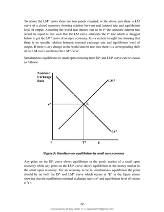 82
To derive the LM* curve there are two panels required, in the above part there is LM
curve of a closed economy showing relation between real interest rate and equilibrium
level of output. Assuming the world real interest rate to be r* the domestic interest rate
would be equal to that such that the LM curve intersects the r* line which is dragged
below to get the LM* curve of an open economy. It is a vertical straight line showing that
there is no specific relation between nominal exchange rate and equilibrium level of
output. If there is any change in the world interest rate then there is a corresponding shift
of the LM curve and hence the LM* curve.
Simultaneous equilibrium in small open economy from IS* and LM* curve can be shown
as follows:
Figure 5: Simultaneous equilibrium in small open economy
Any point on the IS* curve shows equilibrium in the goods market of a small open
economy while any point on the LM* curve shows equilibrium in the money market in
the small open economy. For an economy to be in simultaneous equilibrium the point
should be on both the IS* and LM* curve which occurs at ‘E’ in the figure above
showing that the equilibrium nominal exchange rate is e* and equilibrium level of output
is Y*.
72
Downloaded by 08 Ajay Halder 11- C (ajayhalder149@gmail.com)
lOMoARcPSD|24060133
 
