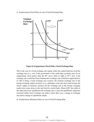 c) Expansionary Fiscal Policy in case of fixed Exchange Rate
Figure 8: Expansionary Fiscal Policy: Fixed Exchange Rate
This is the case of a fixed exchange rate regime where the central bank has fixed the
exchange rate at e1, now if the government of the small open economy goes for an
expansionary fiscal policy then the IS* curve shifts to right to IS’*, now if the
exchange rate would have been floating then exchange rate would have appreciated to
e2. But it being a fixed exchange rate scenario, the moment exchange rate in the
foreign exchange market increases to e2, arbitragers come into force and increase the
money supply of domestic currency till the exchange rate in the foreign exchange
market also comes down to the rate fixed by central bank.. Hence LM* also shifts to
the right and at new equilibrium the exchange rate is same but equilibrium output has
increased unlike fixed exchange rate policy where there was a change in exchange
rate and no change in equilibrium output.
d) Expansionary Monetary Policy in case of fixed Exchange Rate
75
Downloaded by 08 Ajay Halder 11- C (ajayhalder149@gmail.com)
lOMoARcPSD|24060133
 