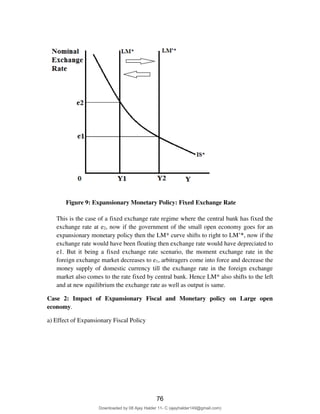Figure 9: Expansionary Monetary Policy: Fixed Exchange Rate
This is the case of a fixed exchange rate regime where the central bank has fixed the
exchange rate at e2, now if the government of the small open economy goes for an
expansionary monetary policy then the LM* curve shifts to right to LM’*, now if the
exchange rate would have been floating then exchange rate would have depreciated to
e1. But it being a fixed exchange rate scenario, the moment exchange rate in the
foreign exchange market decreases to e1, arbitragers come into force and decrease the
money supply of domestic currency till the exchange rate in the foreign exchange
market also comes to the rate fixed by central bank. Hence LM* also shifts to the left
and at new equilibrium the exchange rate as well as output is same.
Case 2: Impact of Expansionary Fiscal and Monetary policy on Large open
economy.
a) Effect of Expansionary Fiscal Policy
76
Downloaded by 08 Ajay Halder 11- C (ajayhalder149@gmail.com)
lOMoARcPSD|24060133
 