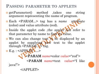 PASSING PARAMETER TO APPLETS
 getParameter() method ,takes one string
argument representing the name of program.
 Each <PARAM...> tag has a name attribute
(color) and value attribute (red).
 Inside the applet code ,the applet can refer to
that parameter by name to find its value.
 We can also change text to be displayed by an
applet by supplying new text to the applet
through <PARAM....> tag.
 E.g. : <APPLET .....>
<PARAM name=color value=“red”>
<PARAM name=text value=“I like
java!”>
</APPLET>
 