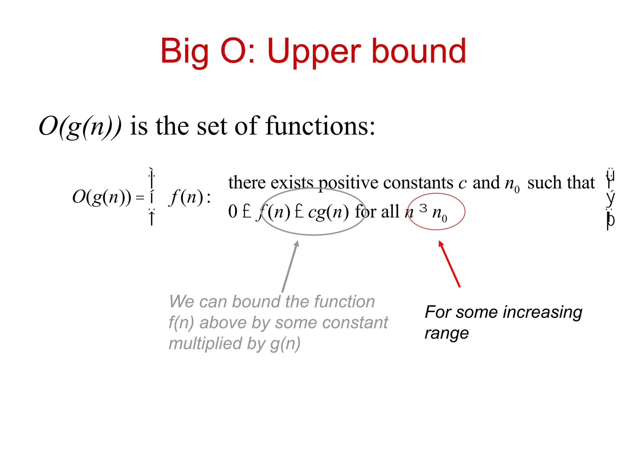 Big O: Upper bound
O(g(n)) is the set of functions:
O(g(n)) = f (n):
there exists positive constants c and n0 such that
0 £ f (n) £ cg(n) for all n ³ n0
ì
í
ï
î
ï
ü
ý
ï
þ
ï
We can bound the function
f(n) above by some constant
multiplied by g(n)
For some increasing
range
 