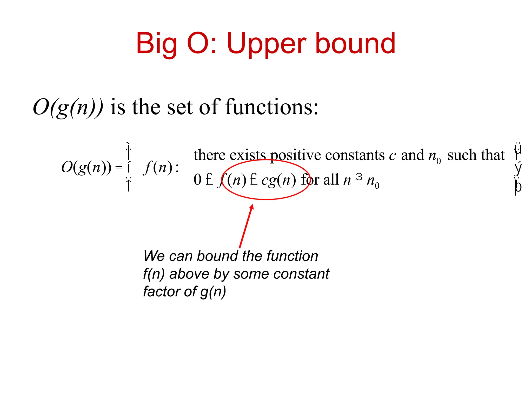 Big O: Upper bound
O(g(n)) is the set of functions:
O(g(n)) = f (n):
there exists positive constants c and n0 such that
0 £ f (n) £ cg(n) for all n ³ n0
ì
í
ï
î
ï
ü
ý
ï
þ
ï
We can bound the function
f(n) above by some constant
factor of g(n)
 