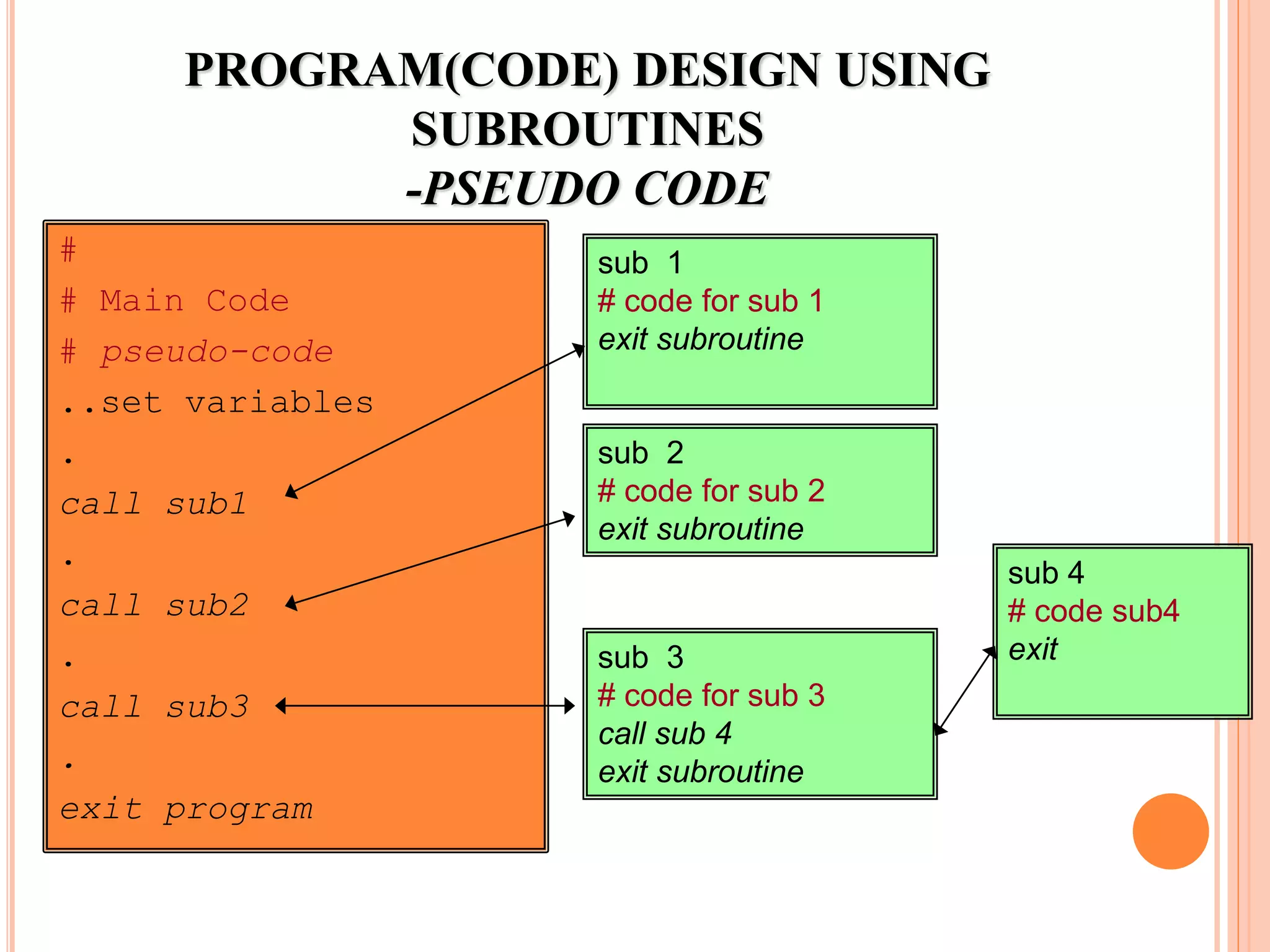 # # Main Code # pseudo-code ..set variables . call sub1 . call sub2 . call sub3 . exit program sub 1 # code for sub 1 exit subroutine sub 2 # code for sub 2 exit subroutine sub 3 # code for sub 3 call sub 4 exit subroutine sub 4 # code sub4 exit PROGRAM(CODE) DESIGN USING SUBROUTINES -PSEUDO CODE 