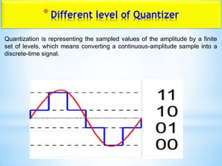 *Different level of Quantizer
Quantization is representing the sampled values of the amplitude by a finite
set of levels, which means converting a continuous-amplitude sample into a
discrete-time signal.
 