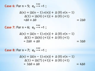 Case 6: For n = 5; e0
+𝑣𝑒
+1 ;
∆ 𝑛 = ∆ 𝑛 − 1 𝑒(𝑛) + ∆ 0 𝑒 𝑛 − 1
∆ 1 = ∆ 4 (+1) + ∆ 0 (+1)
=∆0 + ∆0 = 2∆0
Case 7: For n = 6; e0
+𝑣𝑒
+1 ;
∆ 𝑛 = ∆ 𝑛 − 1 𝑒(𝑛) + ∆ 0 𝑒 𝑛 − 1
∆ 1 = ∆ 6 (+1) + ∆ 0 (+1)
= 2∆0 + ∆0 = 3∆0
Case 8: For n = 7; e0
+𝑣𝑒
+1 ;
∆ 𝑛 = ∆ 𝑛 − 1 𝑒(𝑛) + ∆ 0 𝑒 𝑛 − 1
∆ 1 = ∆ 7 (+1) + ∆ 0 (+1)
= 3∆0 + ∆0 = 4∆0
 