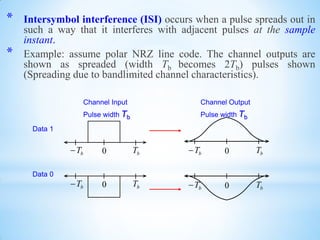 * Intersymbol interference (ISI) occurs when a pulse spreads out in
such a way that it interferes with adjacent pulses at the sample
instant.
* Example: assume polar NRZ line code. The channel outputs are
shown as spreaded (width Tb becomes 2Tb) pulses shown
(Spreading due to bandlimited channel characteristics).
Data 1
bT 0 bT0bT bT
Data 0
bT 0 bT0bT bT
Channel Input
Pulse width Tb
Channel Output
Pulse width Tb
 