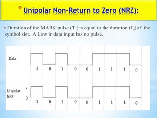 *Unipolar Non-Return to Zero (NRZ):
• Duration of the MARK pulse (Ƭ ) is equal to the duration (To)of the
symbol slot. A Low in data input has no pulse.
 