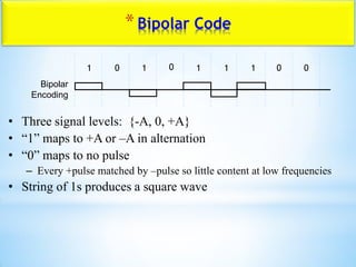 *Bipolar Code
• Three signal levels: {-A, 0, +A}
• “1” maps to +A or –A in alternation
• “0” maps to no pulse
– Every +pulse matched by –pulse so little content at low frequencies
• String of 1s produces a square wave
1 0 1 0 1 1 0 01
Bipolar
Encoding
 