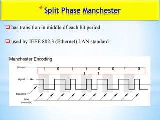 *Split Phase Manchester
1 0 1 1 0 0 1 0
1 1
 has transition in middle of each bit period
 used by IEEE 802.3 (Ethernet) LAN standard
 