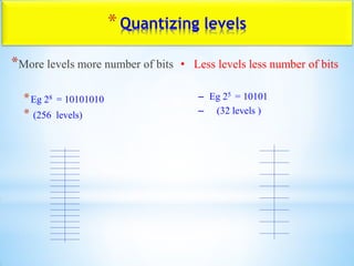 *Quantizing levels
*More levels more number of bits
*Eg 28 = 10101010
* (256 levels)
• Less levels less number of bits
– Eg 25 = 10101
– (32 levels )
 
