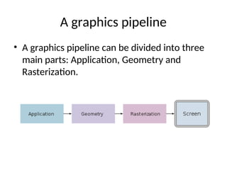 A graphics pipeline
• A graphics pipeline can be divided into three
main parts: Application, Geometry and
Rasterization.
 