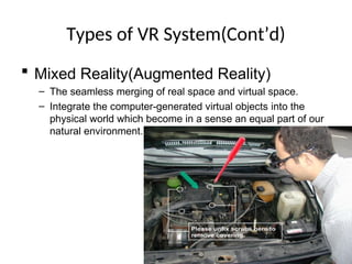 Types of VR System(Cont’d)
 Mixed Reality(Augmented Reality)
– The seamless merging of real space and virtual space.
– Integrate the computer-generated virtual objects into the
physical world which become in a sense an equal part of our
natural environment.
59
 