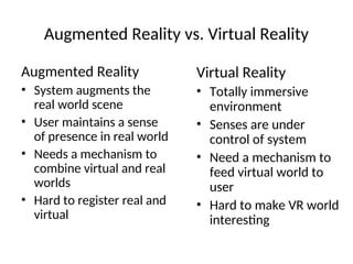 Augmented Reality vs. Virtual Reality
Augmented Reality
• System augments the
real world scene
• User maintains a sense
of presence in real world
• Needs a mechanism to
combine virtual and real
worlds
• Hard to register real and
virtual
Virtual Reality
• Totally immersive
environment
• Senses are under
control of system
• Need a mechanism to
feed virtual world to
user
• Hard to make VR world
interesting
 