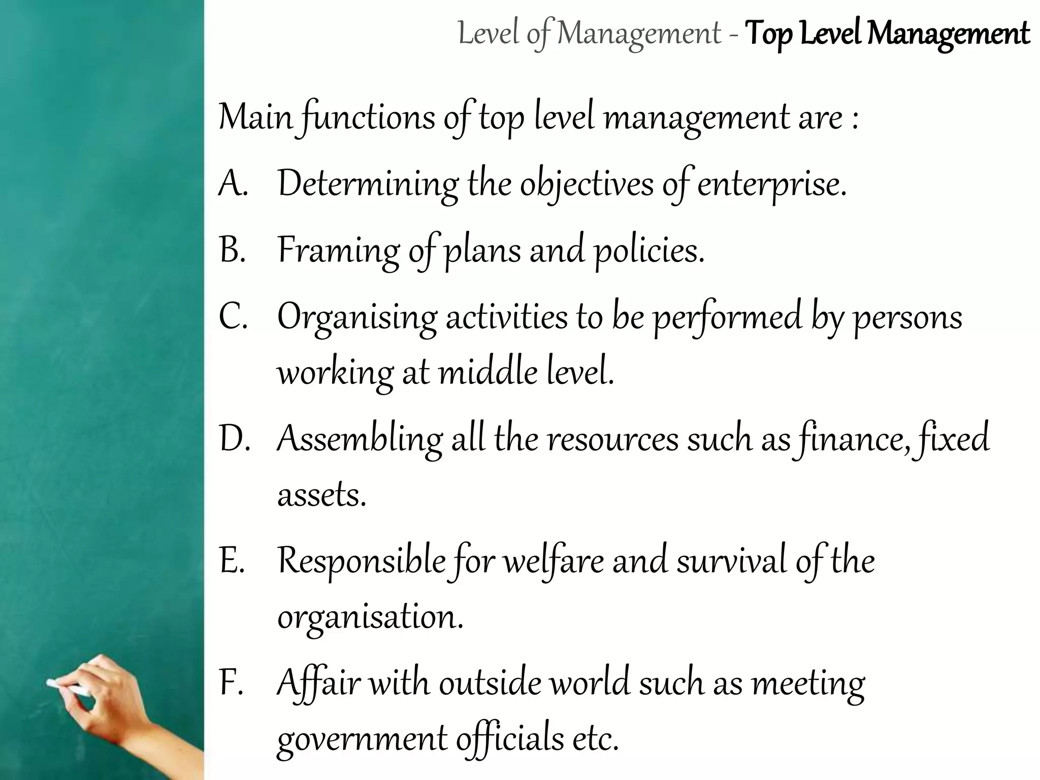 Level of Management - Top Level Management
Main functions of top level management are :
A. Determining the objectives of enterprise.
B. Framing of plans and policies.
C. Organising activities to be performed by persons
working at middle level.
D. Assembling all the resources such as finance, fixed
assets.
E. Responsible for welfare and survival of the
organisation.
F. Affair with outside world such as meeting
government officials etc.
 