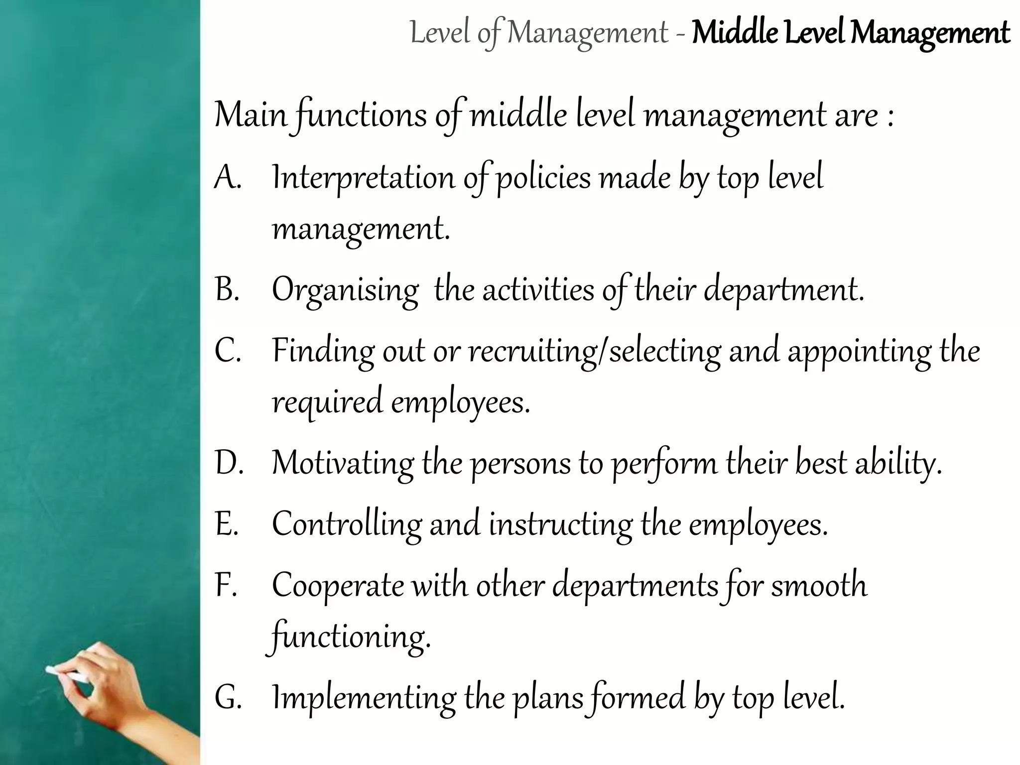 Level of Management - Middle Level Management
Main functions of middle level management are :
A. Interpretation of policies made by top level
management.
B. Organising the activities of their department.
C. Finding out or recruiting/selecting and appointing the
required employees.
D. Motivating the persons to perform their best ability.
E. Controlling and instructing the employees.
F. Cooperate with other departments for smooth
functioning.
G. Implementing the plans formed by top level.
 
