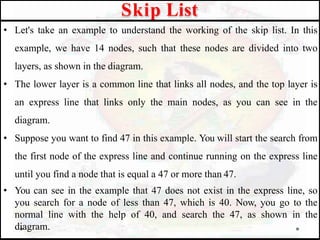 • Let's take an example to understand the working of the skip list. In this
example, we have 14 nodes, such that these nodes are divided into two
layers, as shown in the diagram.
• The lower layer is a common line that links all nodes, and the top layer is
an express line that links only the main nodes, as you can see in the
diagram.
• Suppose you want to find 47 in this example. You will start the search from
the first node of the express line and continue running on the express line
until you find a node that is equal a 47 or more than 47.
• You can see in the example that 47 does not exist in the express line, so
you search for a node of less than 47, which is 40. Now, you go to the
normal line with the help of 40, and search the 47, as shown in the
diagram.
Skip List
 