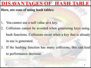 Here, are cons of using hash tables:
1. You cannot use a null value as a key.
2. Collisions cannot be avoided when generating keys using.
hash functions. Collisions occur when a key that is already
in use is generated.
3. If the hashing function has many collisions, this can lead
to performance decrease.
DISAV
ANTAGES OF HASH TABLE
 
