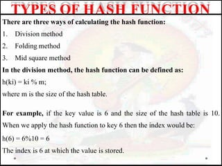 There are three ways of calculating the hash function:
1. Division method
2. Folding method
3. Mid square method
In the division method, the hash function can be defined as:
h(ki) = ki % m;
where m is the size of the hash table.
For example, if the key value is 6 and the size of the hash table is 10.
When we apply the hash function to key 6 then the index would be:
h(6) = 6%10 = 6
The index is 6 at which the value is stored.
TYPES OF HASH FUNCTION
 