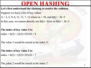 Let's first understand the chaining to resolve the collision.
Suppose we have a list of key values
A = 3, 2, 9, 6, 11, 13, 7, 12 where m = 10, and h(k) = 2k+3
In this case, we cannot directly use h(k) = ki/m as h(k) = 2k+3
The index of key value 3 is:
index = h(3) = (2(3)+3)%10 = 9
The value 3 would be stored at the index 9.
The index of key value 2 is:
index = h(2) = (2(2)+3)%10 = 7
The value 2 would be stored at the index 7.
OPEN HASHING
 
