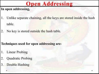 In open addressing,
1. Unlike separate chaining, all the keys are stored inside the hash
table.
2. No key is stored outside the hash table.
Techniques used for open addressing are-
1. Linear Probing
2. Quadratic Probing
3. Double Hashing
Open Addressing
 