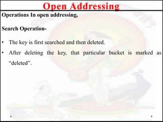 Operations In open addressing,
Search Operation-
• The key is first searched and then deleted.
• After deleting the key, that particular bucket is marked as
“deleted”.
Open Addressing
 