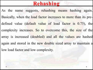 As the name suggests, rehashing means hashing again.
Basically, when the load factor increases to more than its pre-
defined value (default value of load factor is 0.75), the
complexity increases. So to overcome this, the size of the
array is increased (doubled) and all the values are hashed
again and stored in the new double sized array to maintain a
low load factor and low complexity.
Rehashing
 