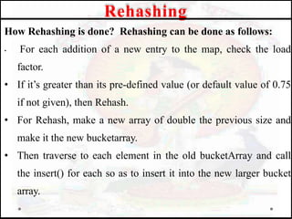 How Rehashing is done? Rehashing can be done as follows:
• For each addition of a new entry to the map, check the load
factor.
• If it’s greater than its pre-defined value (or default value of 0.75
if not given), then Rehash.
• For Rehash, make a new array of double the previous size and
make it the new bucketarray.
• Then traverse to each element in the old bucketArray and call
the insert() for each so as to insert it into the new larger bucket
array.
Rehashing
 