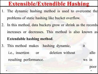 1. The dynamic hashing method is used to overcome the
problems of static hashing like bucket overflow.
2. In this method, data buckets grow or shrink as the records
increases or decreases. This method is also known as
Extendable hashing method.
it
allo
ws in
poor
3. This method makes hashing dynamic,
i.e., insertion or deletion without
resulting performance.
Extensible/Extendible Hashing
 