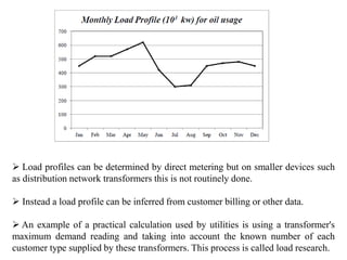  Load profiles can be determined by direct metering but on smaller devices such
as distribution network transformers this is not routinely done.
 Instead a load profile can be inferred from customer billing or other data.
 An example of a practical calculation used by utilities is using a transformer's
maximum demand reading and taking into account the known number of each
customer type supplied by these transformers. This process is called load research.
 