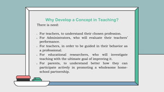 There is need:
1. For teachers, to understand their chosen profession.
2. For Administrators, who will evaluate their teachers’
performance.
3. For teachers, in order to be guided in their behavior as
a professional.
4. For educational researchers, who will investigate
teaching with the ultimate goal of improving it.
5. For parents, to understand better how they can
participate actively in promoting a wholesome home-
school partnership.
Why Develop a Concept in Teaching?
 