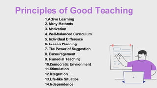 Principles of Good Teaching
1.Active Learning
2. Many Methods
3. Motivation
4. Well-balanced Curriculum
5. Individual Difference
6. Lesson Planning
7. The Power of Suggestion
8. Encouragement
9. Remedial Teaching
10.Democratic Environment
11.Stimulation
12.Integration
13.Life-like Situation
14.Independence
 