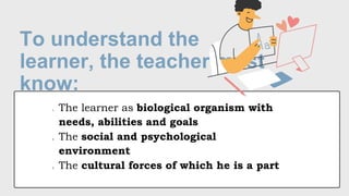 To understand the
learner, the teacher must
know:
1. The learner as biological organism with
needs, abilities and goals
2. The social and psychological
environment
3. The cultural forces of which he is a part
 