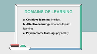 a. Cognitive learning- intellect
b. Affective learning- emotions toward
learning
c. Psychomotor learning- physicality
DOMAINS OF LEARNING
 