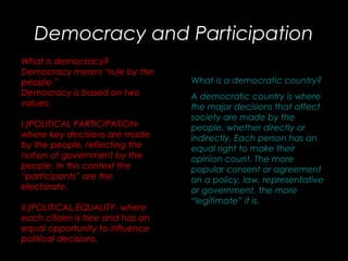 Democracy and ParticipationDemocracy and Participation
What is democracy?
Democracy means “rule by the
people.”
Democracy is based on two
values:
I.)POLITICAL PARTICIPATION-
where key decisions are made
by the people, reflecting the
notion of government by the
people. In this context the
“participants” are the
electorate.
II.)POLITICAL EQUALITY- where
each citizen is free and has an
equal opportunity to influence
political decisions.
What is a democratic country?
A democratic country is where
the major decisions that affect
society are made by the
people, whether directly or
indirectly. Each person has an
equal right to make their
opinion count. The more
popular consent or agreement
on a policy, law, representative
or government, the more
“legitimate” it is.
 